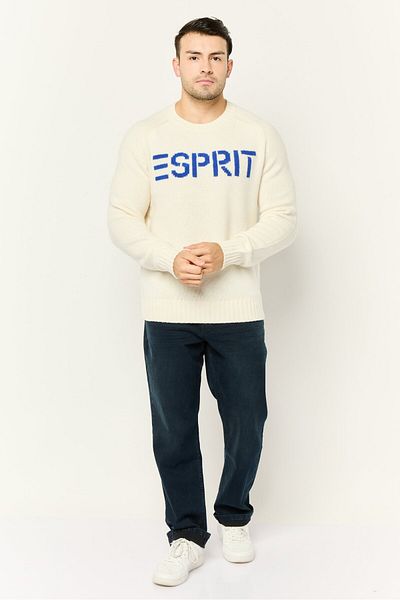 Esprit Men Ribbed Collar Embroidered Logo Sweater, Off White