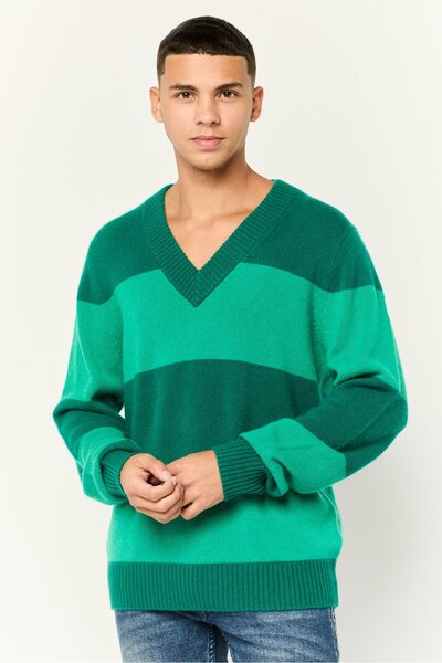 Esprit Men V Neck Stripe Print Knitted Sweater, Green