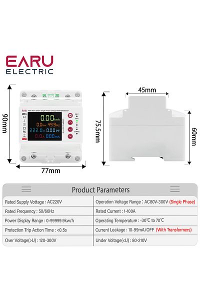 EARUELETRIC 2P 100A Tuya WiFi Smart Bi-Directional Energy Power kWh Meter Leakage Over Under Voltage Protecto...