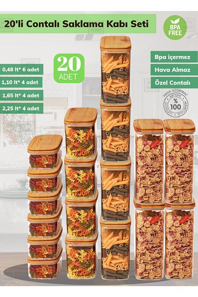Jet's Home 20-Piece Bamboo Gasket Storage Container Set Food Container 6*0.48 Lt / 4*1.10 Lt / 4*1.65 Lt / 4*2.25 Lt