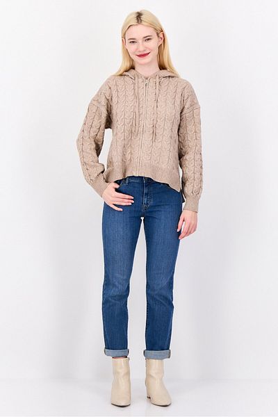 PİNK ROSE Women Hood With Drawstring Knitted Sweater, Dark Beige