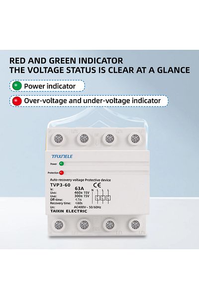 TAXNELE 63a Three Phase Over Under Voltage Protector 3 Phase Automatic Recovery Protective Device Surge Prot