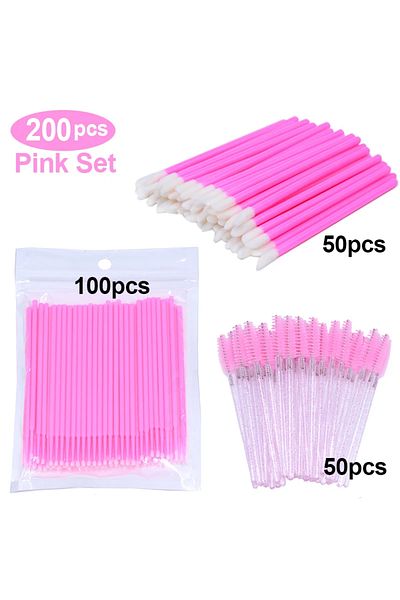 Choice 200pcs pink set 200Pcs Disposable Eyelash Brush Lash Extesion Mascara Wands Spoolies Tools Set Lipst