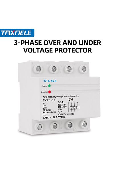 TAXNELE 63a Three Phase Over Under Voltage Protector 3 Phase Automatic Recovery Protective Device Surge Prot