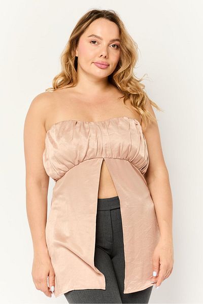 4th & Reckless Women Tall Straight Across Neckline Strapless Plain Tube Top, Tan