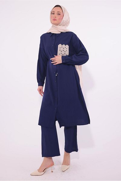 TRENDTESETTÜR Γυναικείο κέντημα Navy Blue με λεπτομέρεια παντελόνι T 6374