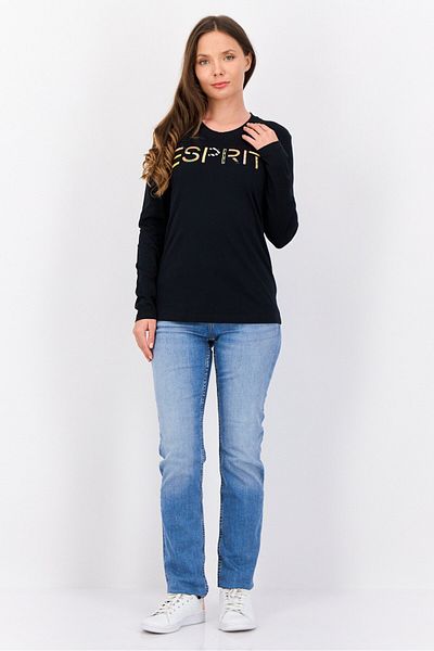 Esprit Women Crew Neck Long Sleeve Brand Logo T-shirt, Black