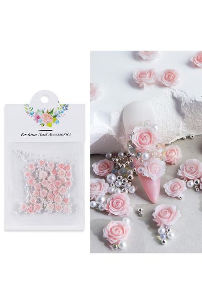 Choice QF 30 PCs Gradient Carved Roses with Steel Bead Pearl Nail Accessories
