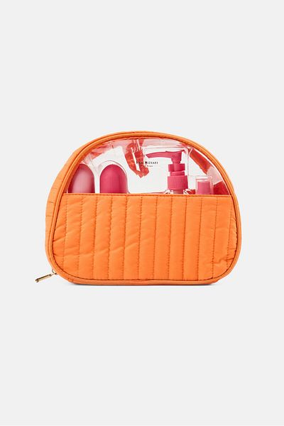 ISAAC MIZRAHI 8 Pcs Travel Bottle Set With Puffer Bag, Pink/Transparent