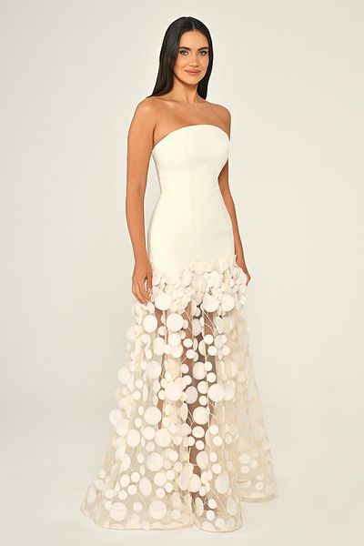 ALFABETA Crepe Skirt 3D Tulle Long Evening Dress Alpha Beta B7067