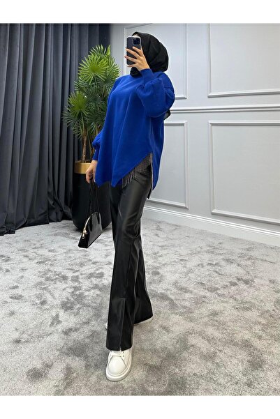 MERVEN AKYÜZ Yırtmaçlı Deri Pantolon Siyah (KEMERSİZDİR)