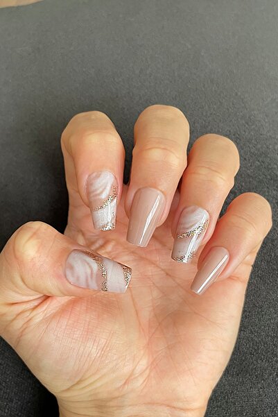 Easy Beauty Nude 24 Adet Simli Küt Takma Tırnak Seti Desenli. Yapıştırıcı Ban...