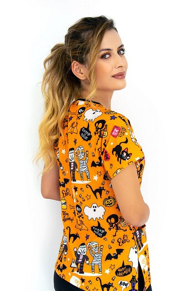 Nur Medikal Giyim Tricou unisex portocaliu cu tematică de Halloween din Lycra