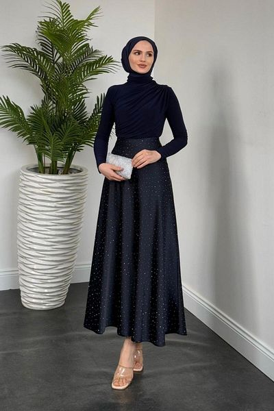 MERVEN AKYÜZ Σατέν φούστα Navy Blue Ficus Stone