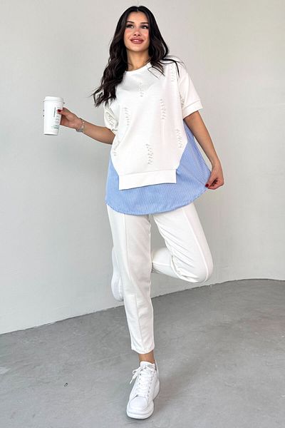 Cappmoda TKM-13258 Λευκό μαργαριτάρι πουκάμισο με λεπτομέρεια μπλούζα φαρδύ παντελόνι Σετ δύο τεμαχίων