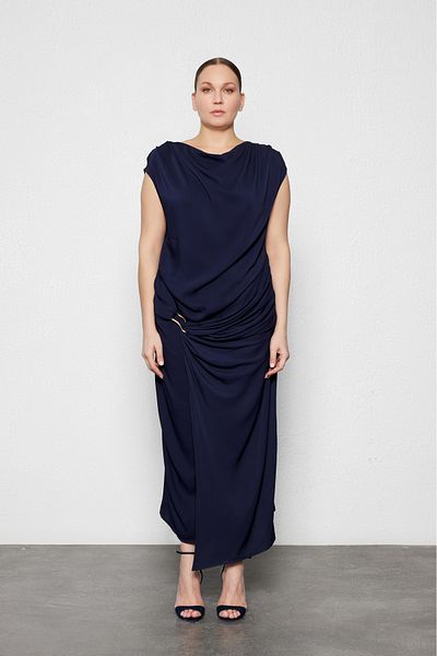 LUOKK Giselle Plus Size Draped Midi Dress Navy Blue