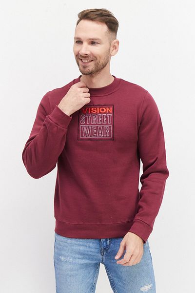Vision Street Wear Men Crew Neck Embroidered Logo Long Sleeves Sweatshirt, Maroon Combo