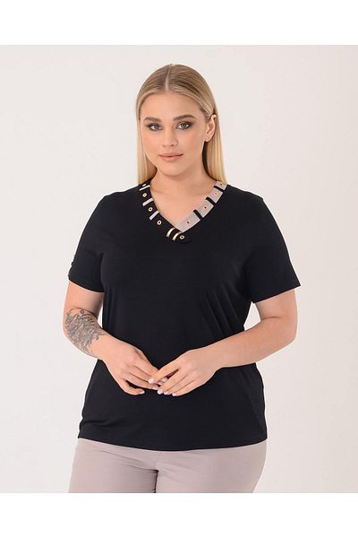 Vedi Plus Size V-Neck Short Sleeve Collar Detailed Women's T-Shirt 25Yxd5034