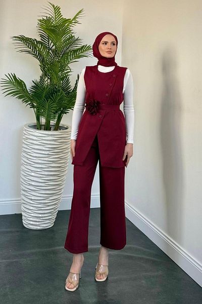 MERVEN AKYÜZ Logi Πλαϊνό Κουμπί Γιλέκο Σετ Claret Red
