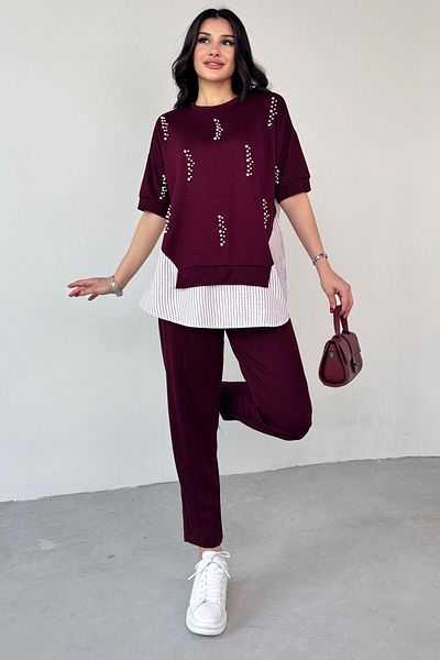 Cappmoda TKM-13258 Βουργουνδία Πουκάμισο με Πέρλες Λεπτομέρεια Μπλούζα Φαρδύ Παντελόνι Σετ δύο τεμαχίων