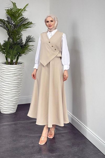 MERVEN AKYÜZ Albrey Buttoned Pocket Skirt Suit Stone