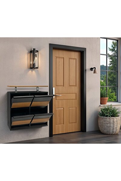 formood Tablalı 4'lü MDF Kaplamalı Metal Ayakkabılık - Siyah Ceviz