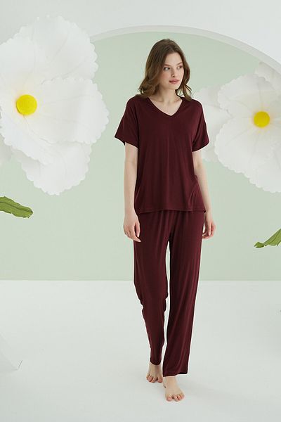 NBB Burgundy Modal V-Neck Pajama Set