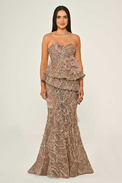 ALFABETA Straplez Volanlı Payet Uzun Abiye Elbise Alfa Beta