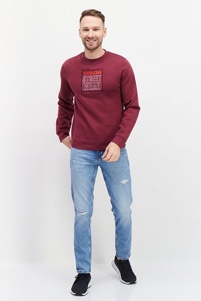 Vision Street Wear Men Crew Neck Embroidered Logo Long Sleeves Sweatshirt, Maroon Combo