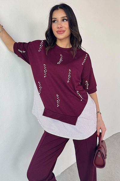 Cappmoda TKM-13258 Βουργουνδία Πουκάμισο με Πέρλες Λεπτομέρεια Μπλούζα Φαρδύ Παντελόνι Σετ δύο τεμαχίων