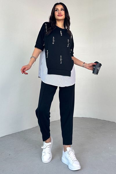 Cappmoda TKM-13258 قميص لؤلؤة أسود تفاصيل بلوزة فضفاضة بنطلون بدلة مزدوجة