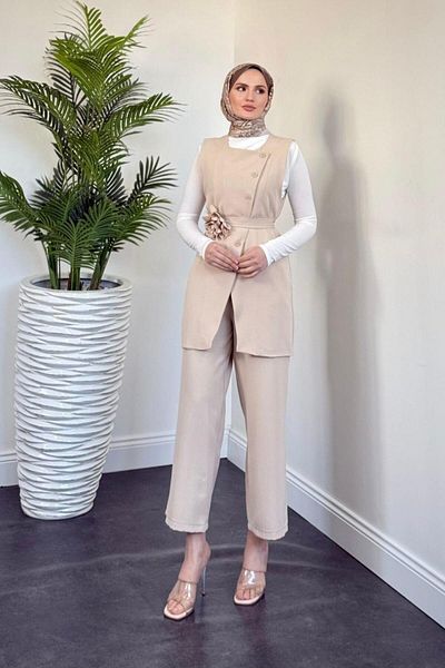 MERVEN AKYÜZ Side Buttoned Vest Set - Stone Carrier Logi