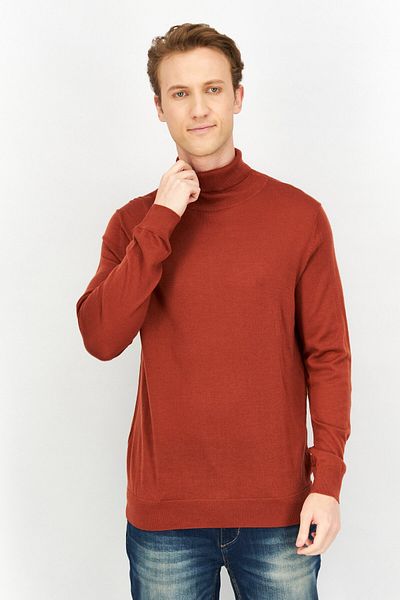 CELIO Men Turtle Neck Long Sleeve Knitted Sweatshirts, Orange