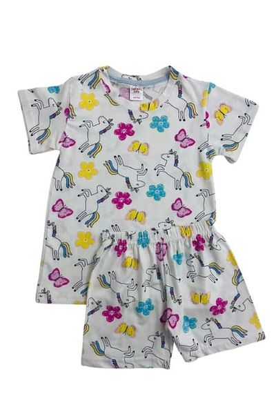 elmas kids Girl's 100% Cotton Cream Spring Themed Short Sleeve Shorts Pajama Set