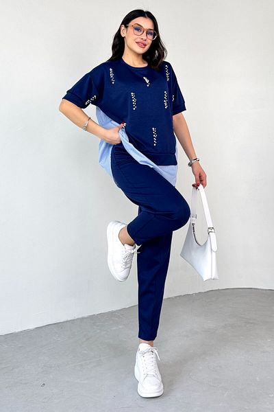 Cappmoda TKM-13258 Navy Blue Pearl Πουκάμισο Λεπτομέρεια Μπλούζα Φαρδύ Παντελόνι Σετ δύο τεμαχίων