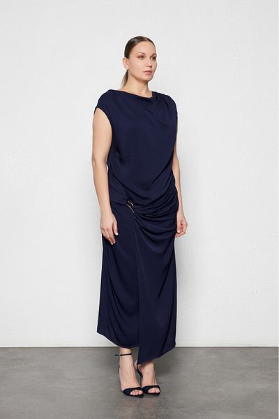 LUOKK Giselle Plus Size Draped Midi Dress Navy Blue