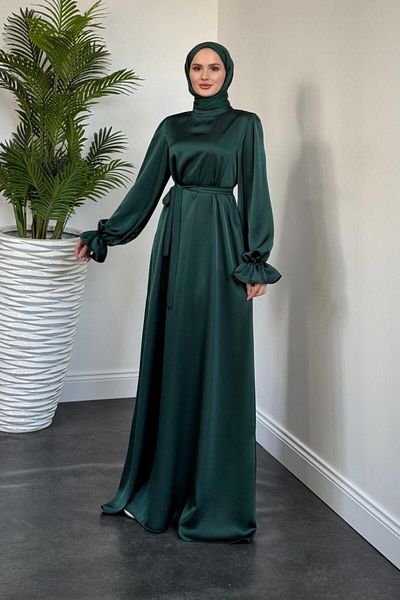 MERVEN AKYÜZ Emerald Evening Dress - Lady Sleeve Ruffle Satin