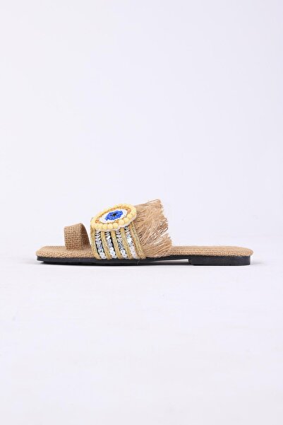 layki Clesse Beige Straw Stone Slippers