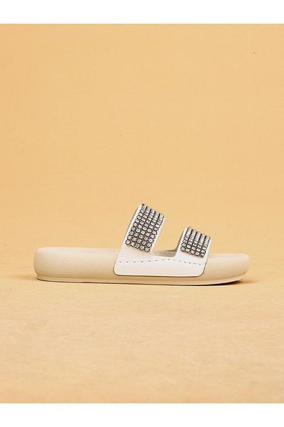 layki Arya White Colored Genuine Leather Thick Sole Luxury Slippers