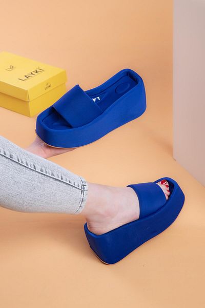 layki Maria Blue Colored High Sole Luxury Slippers 8 CM