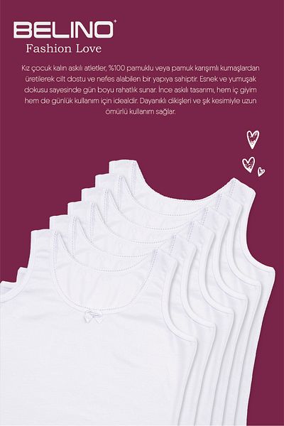 BELİNOPLUS Girl's Plain White Color Combed Cotton Lycra 6 Pack Tank Top with Straps