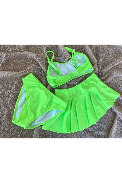 Elit Girl's Waiter Flexible Adjustable Strap Neon Highlighter Green Skirted Bikini Suit