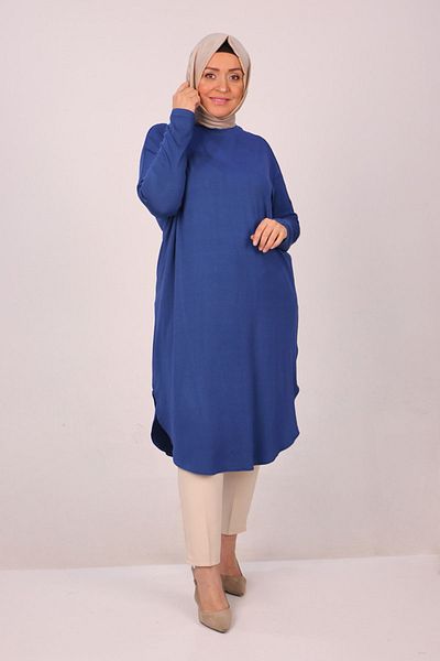 Eslina 38110 Large Size Low Sleeve Combed Cotton Tunic-Indigo