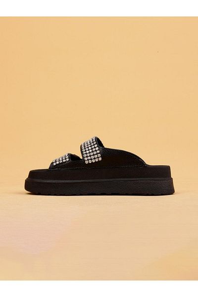 layki Leya Black Color Genuine Leather Thick Sole Luxury Slippers