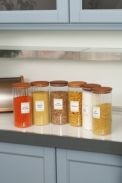 color house 6 Pieces of Borosilicate Glass Pulses Jar Large Size (1600 ml) and 84 Pieces of Labels