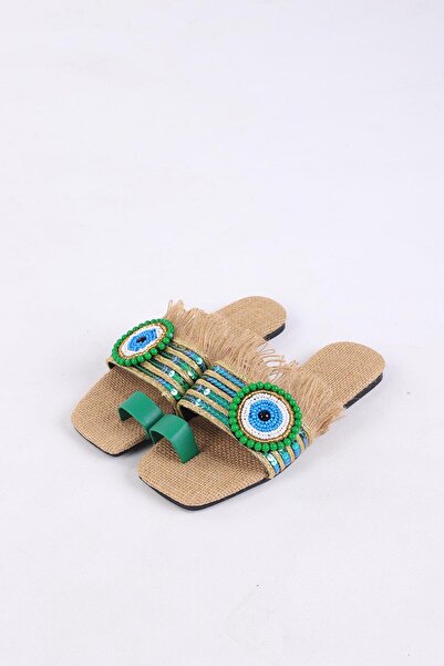 layki Clesse Green Colored Wicker Stone Slippers