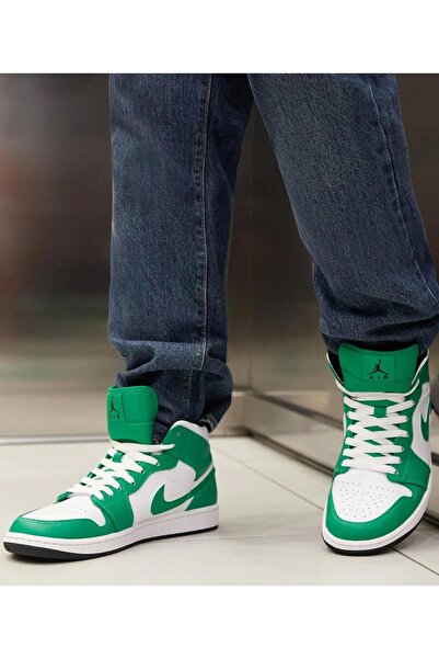 Nike Air Jordan 1 Mid Leather Sneaker Hakiki Deri Bilekli Günlük Spor Ayakkabı Beyaz Yeşil