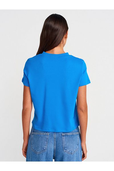 Dilvin 30584 Crew Neck Cotton T-Shirt-Sax