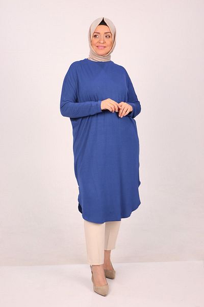 Eslina 38110 Large Size Low Sleeve Combed Cotton Tunic-Indigo