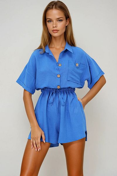 VAGGON Women's Indigo Blue Shirt Collar Double Pocket Shorts Jumpsuit Prmx11611